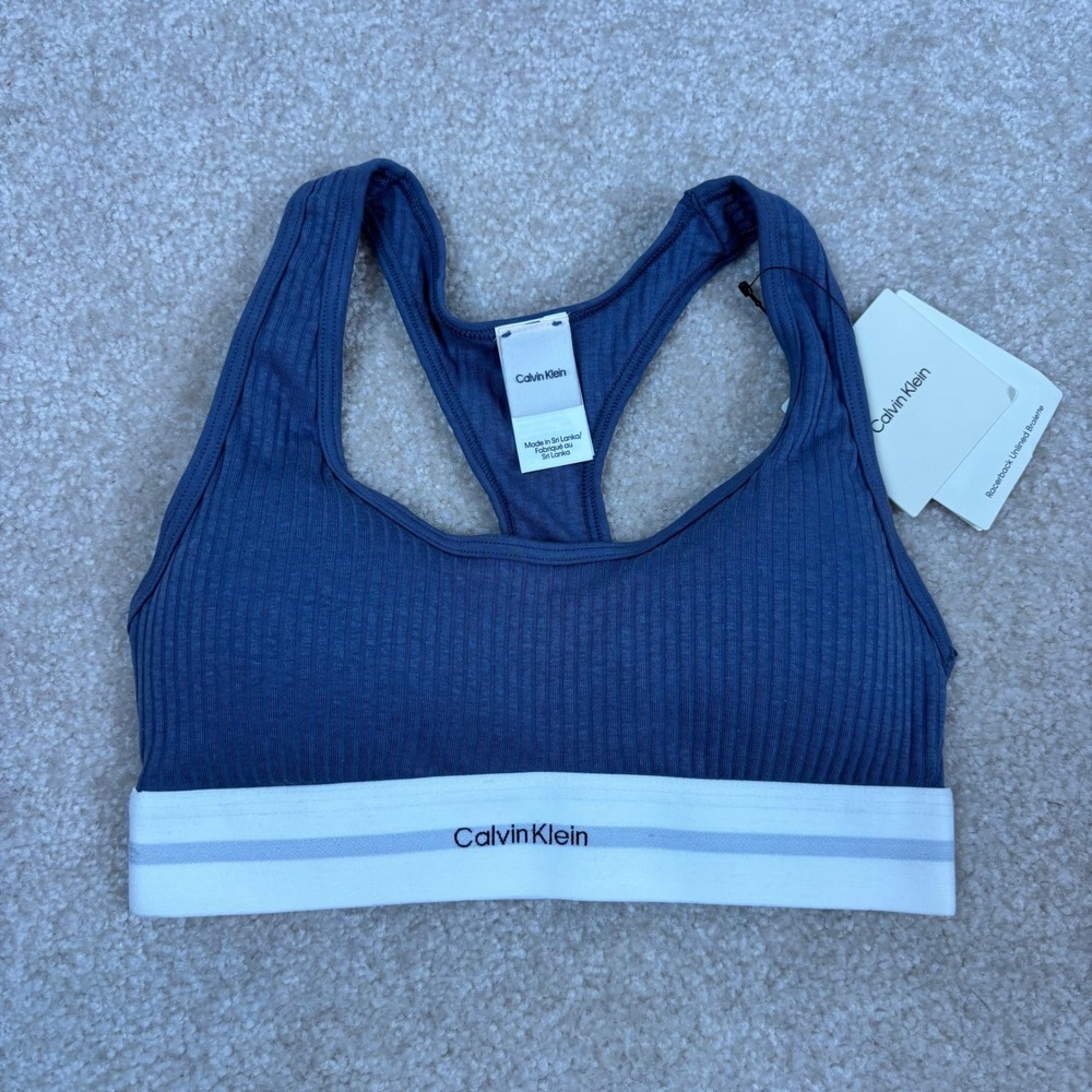 Calvin Klein Womens Racerback Unlined Bralette Blue Ribbed Cotton XS QF8018-420